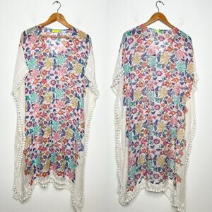 ROLLER RABBIT Swim Coverup Kaftan Womens Size XS Floral Pom Pom Boho Vacation